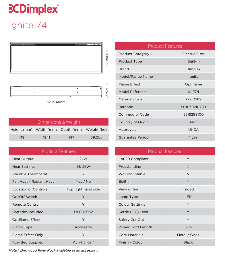 XLF74 Ignite 74 Built In Electric Fire